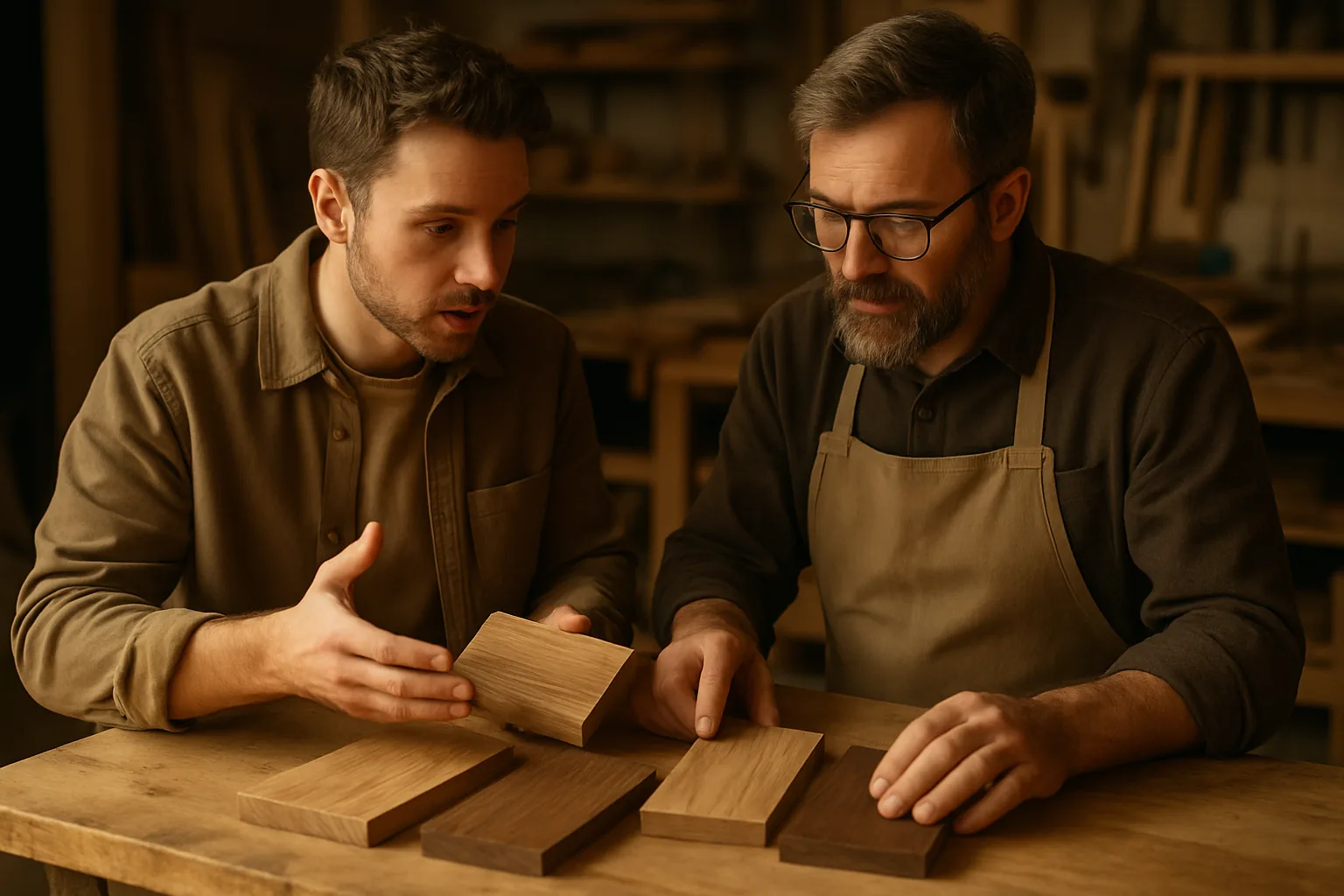 A customer and woodworker reviewing wood samples and sketches together at a sunlit workshop table