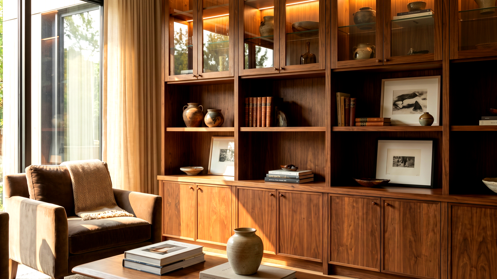 Stunning living room with floor-to-ceiling custom built-in cabinetry serving as the architectural centerpiece of the space.