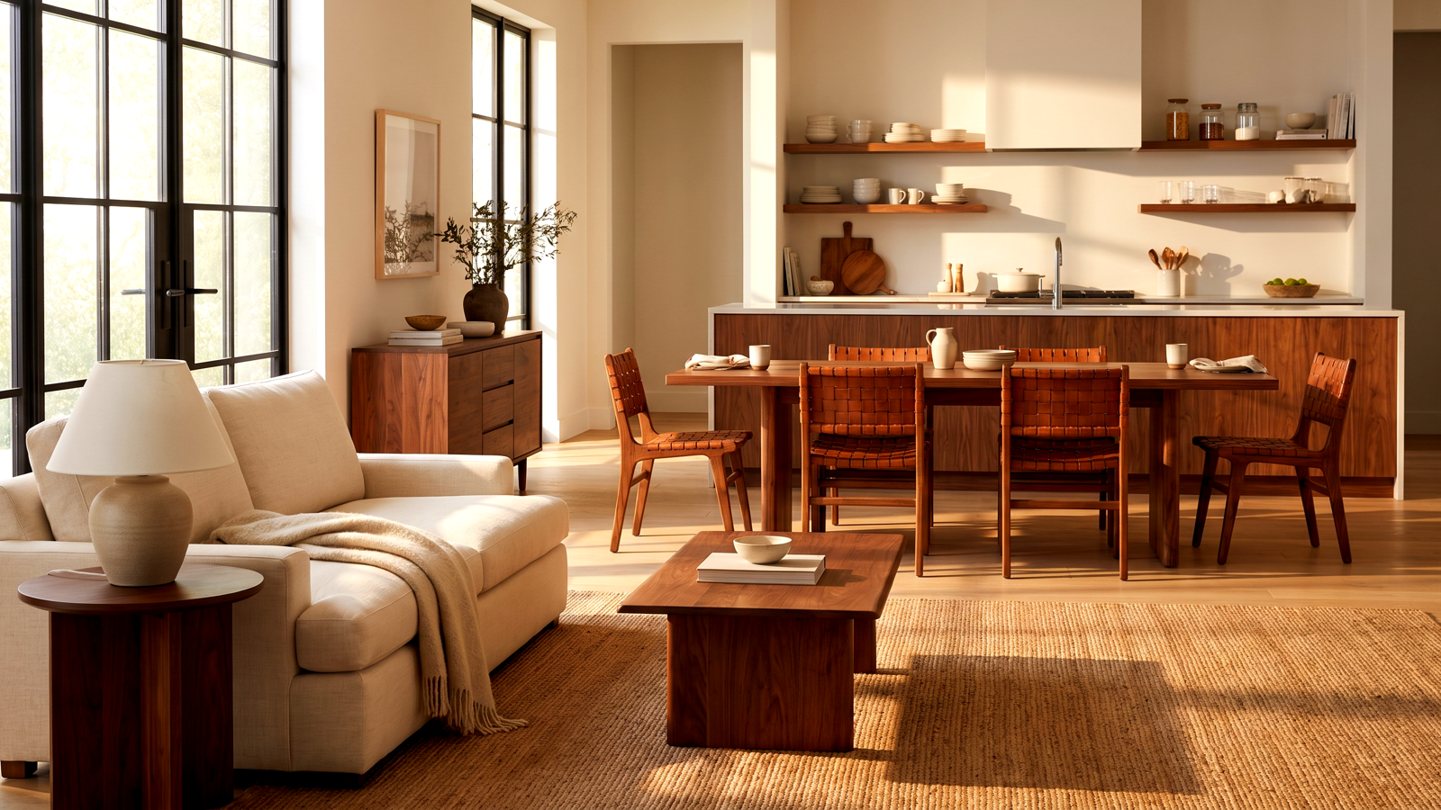 Open-concept living space with coordinated warm and mid-tone wood furniture pieces flowing seamlessly across the kitchen, dining, and living areas.