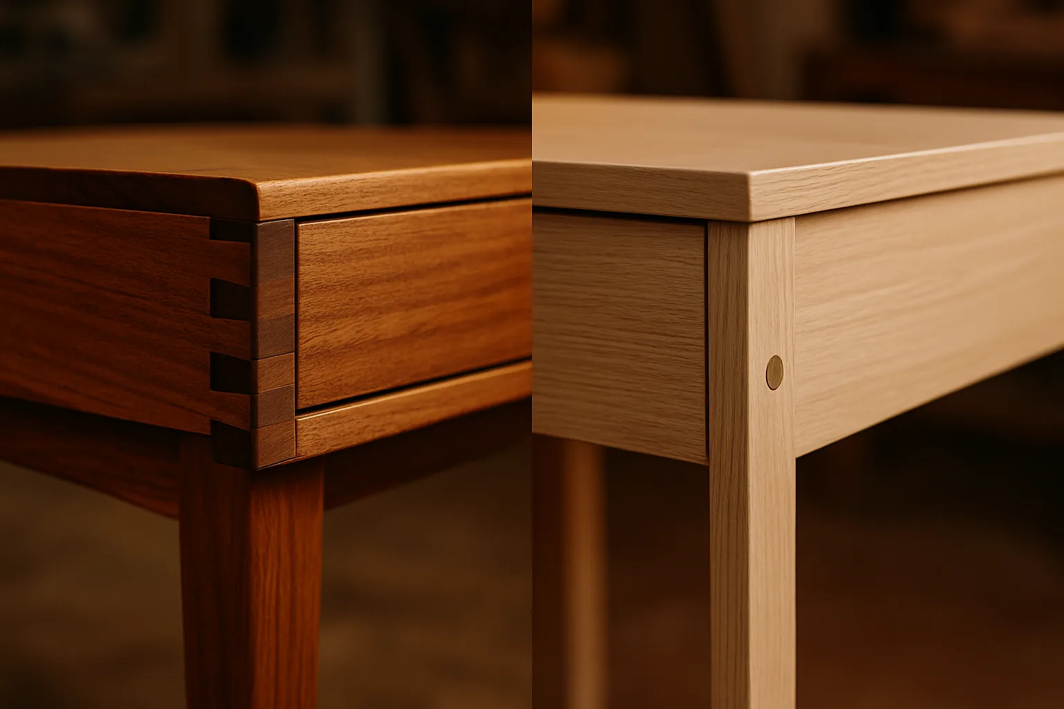 Side-by-side comparison of a handcrafted solid wood dovetail joint next to a mass-produced particleboard furniture corner