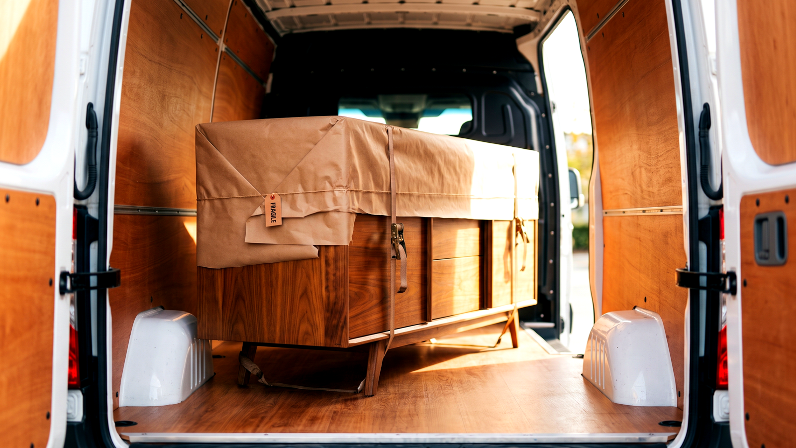 A delivery van with a wrapped custom wood furniture piece secured and ready for transport across the GTA.