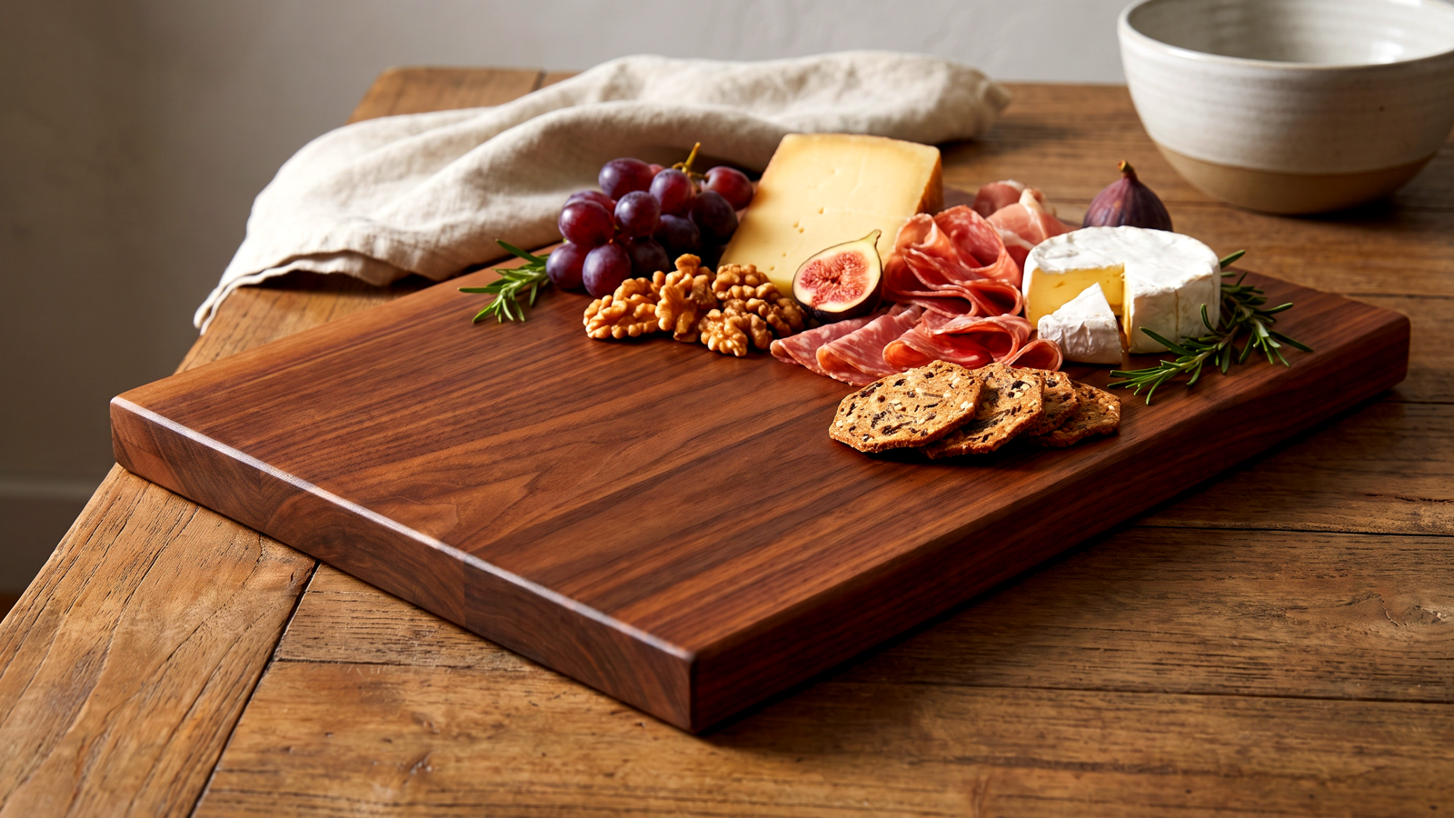 A handcrafted walnut charcuterie board from Black Barrel Wood Co., showcasing rich wood grain — a perfect custom wood holiday gift.