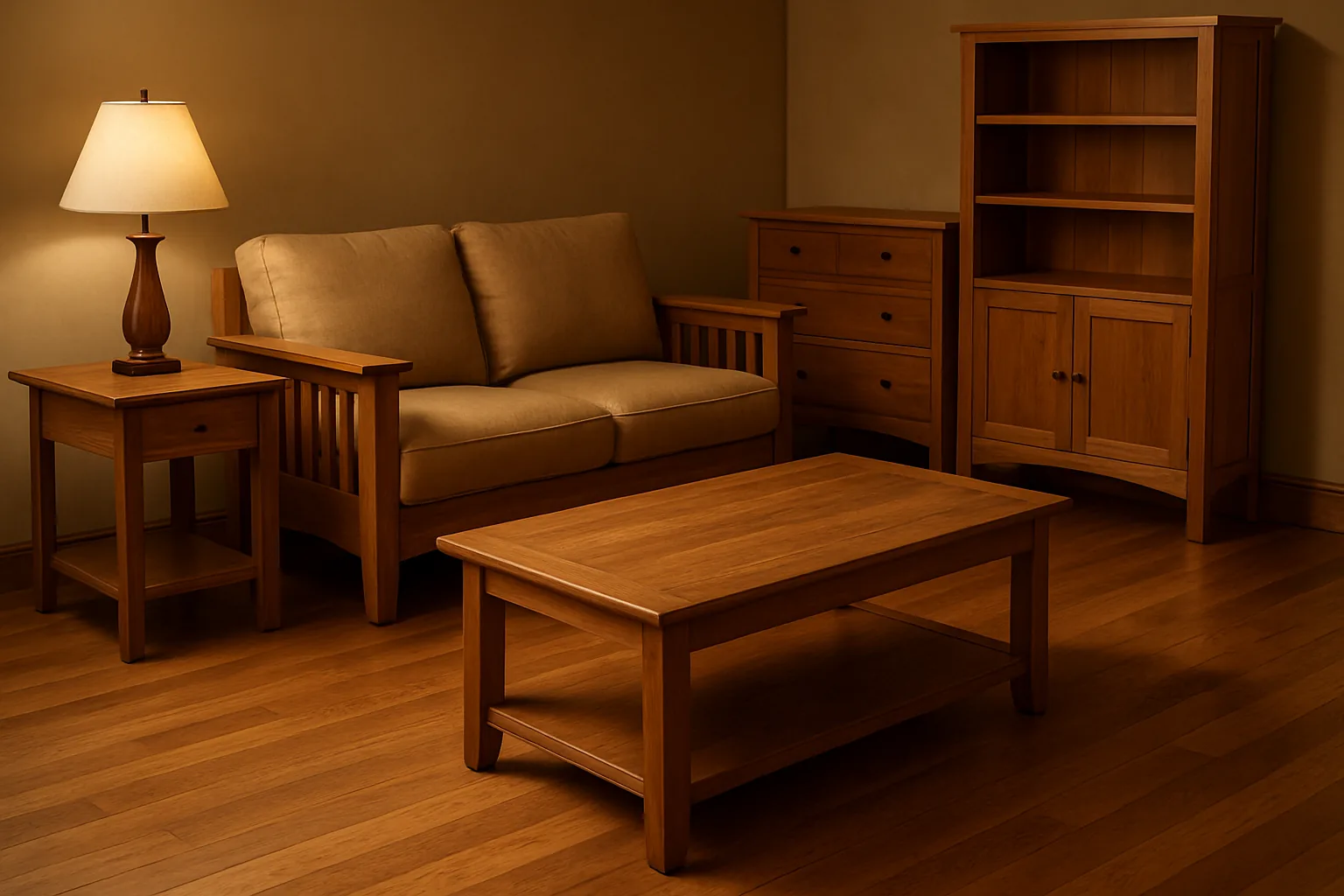 A warm, well-lit living room featuring coordinated wood furniture pieces — including a dining table and shelving — that complement the tone and grain of the existing hardwood flooring