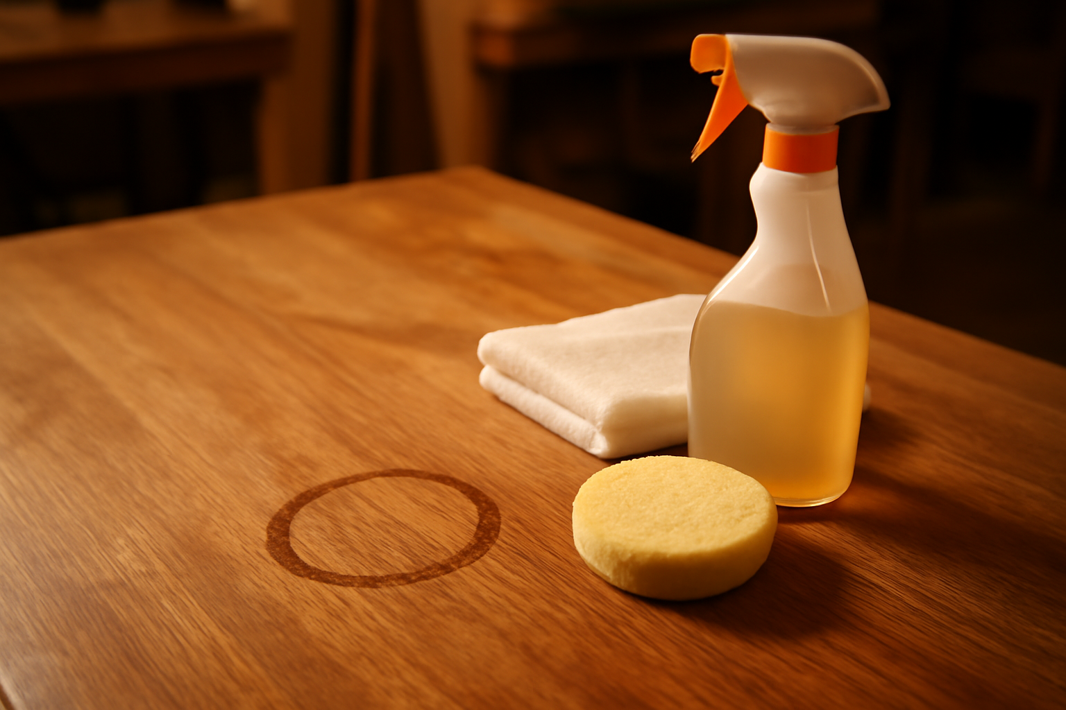 A close-up of a white water ring stain on a warm hardwood table surface with a cloth, mayonnaise jar, and iron placed nearby