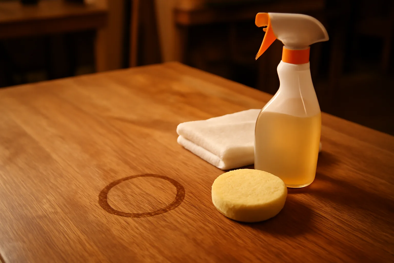 A close-up of a white water ring stain on a warm hardwood table surface with a cloth, mayonnaise jar, and iron placed nearby