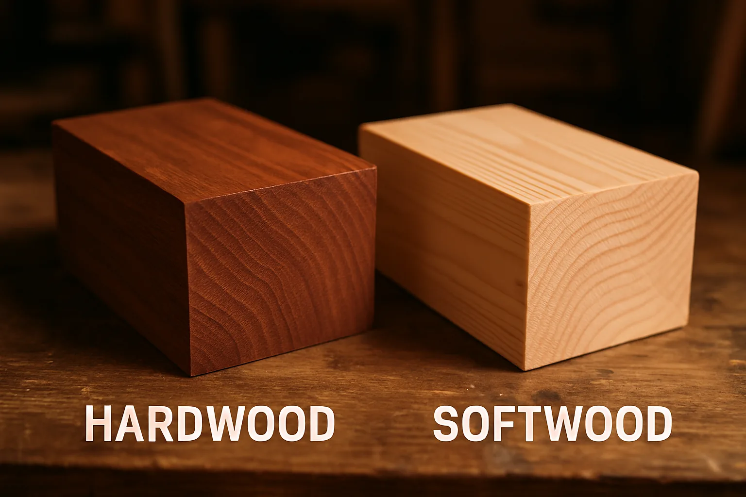 Side-by-side comparison of hardwood and softwood wood samples with labels showing grain and colour differences