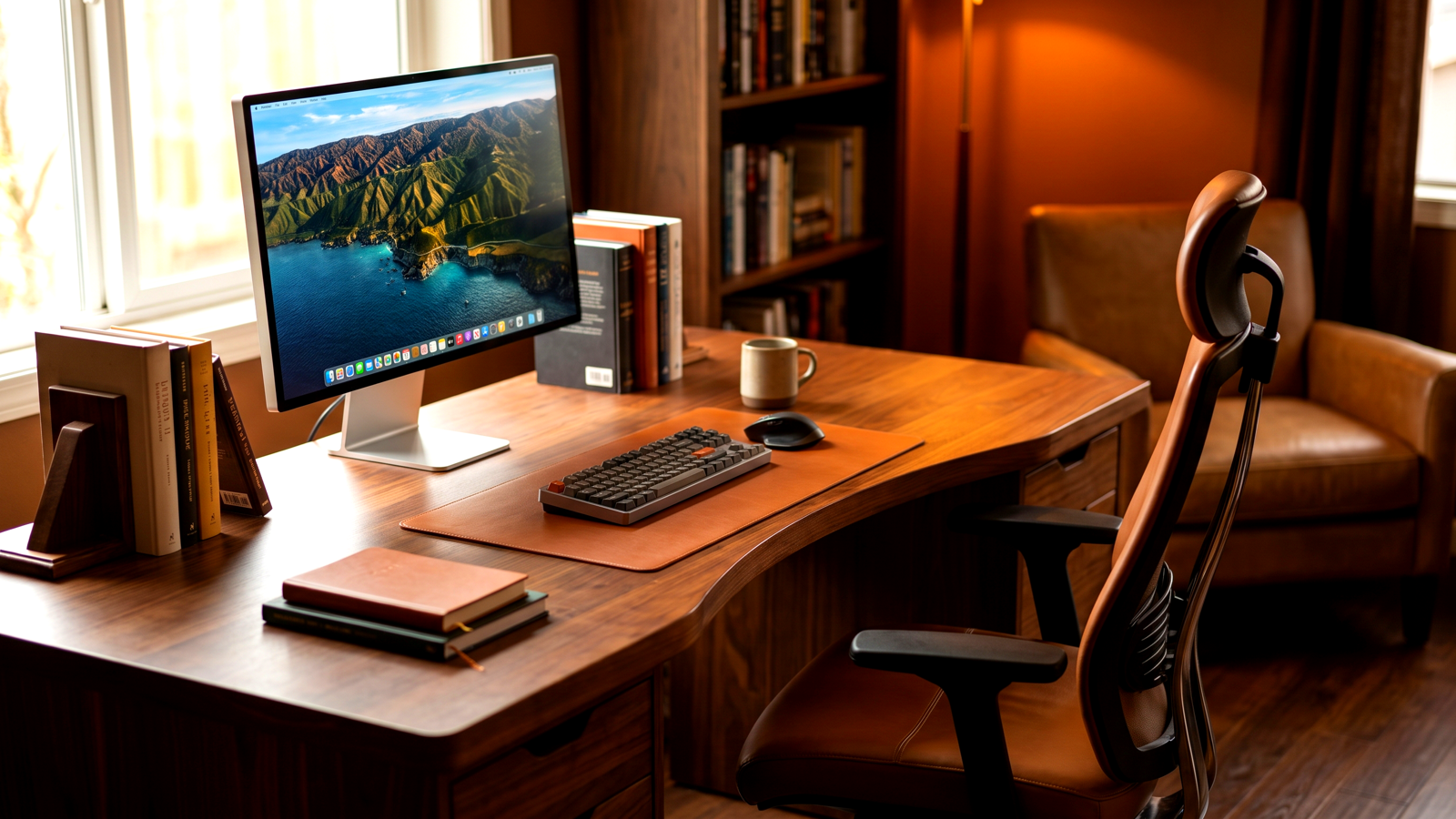 Custom solid wood home office desk with dual monitors, built-in cable management, and integrated shelving in a bright Innisfil home office.