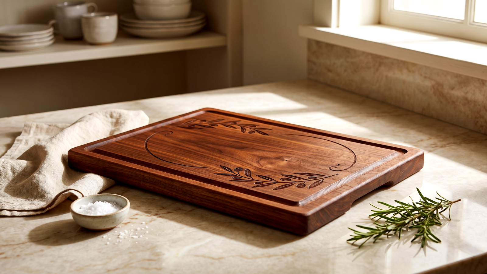 A custom engraved hardwood cutting board with a family name and established date, displayed on a kitchen counter as a housewarming gift.
