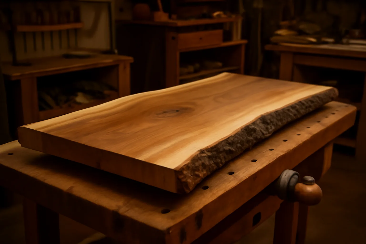 A large live edge walnut slab resting on sawhorses inside the Black Barrel Wood Co. workshop in Innisfil, Ontario, showing natural bark edge and wood grain