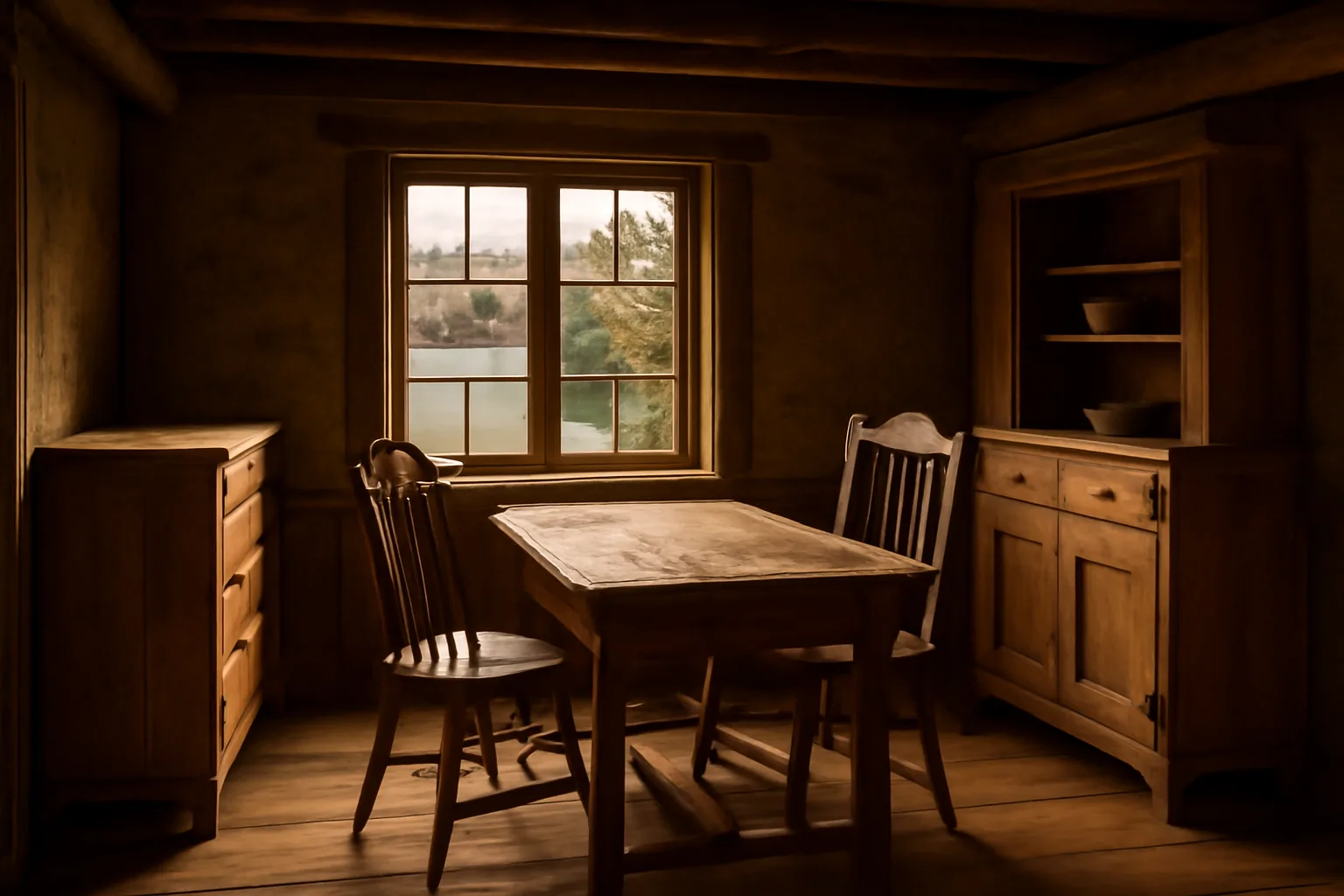 Rustic cottage interior featuring handcrafted wooden furniture beside a large window overlooking a calm Ontario lake