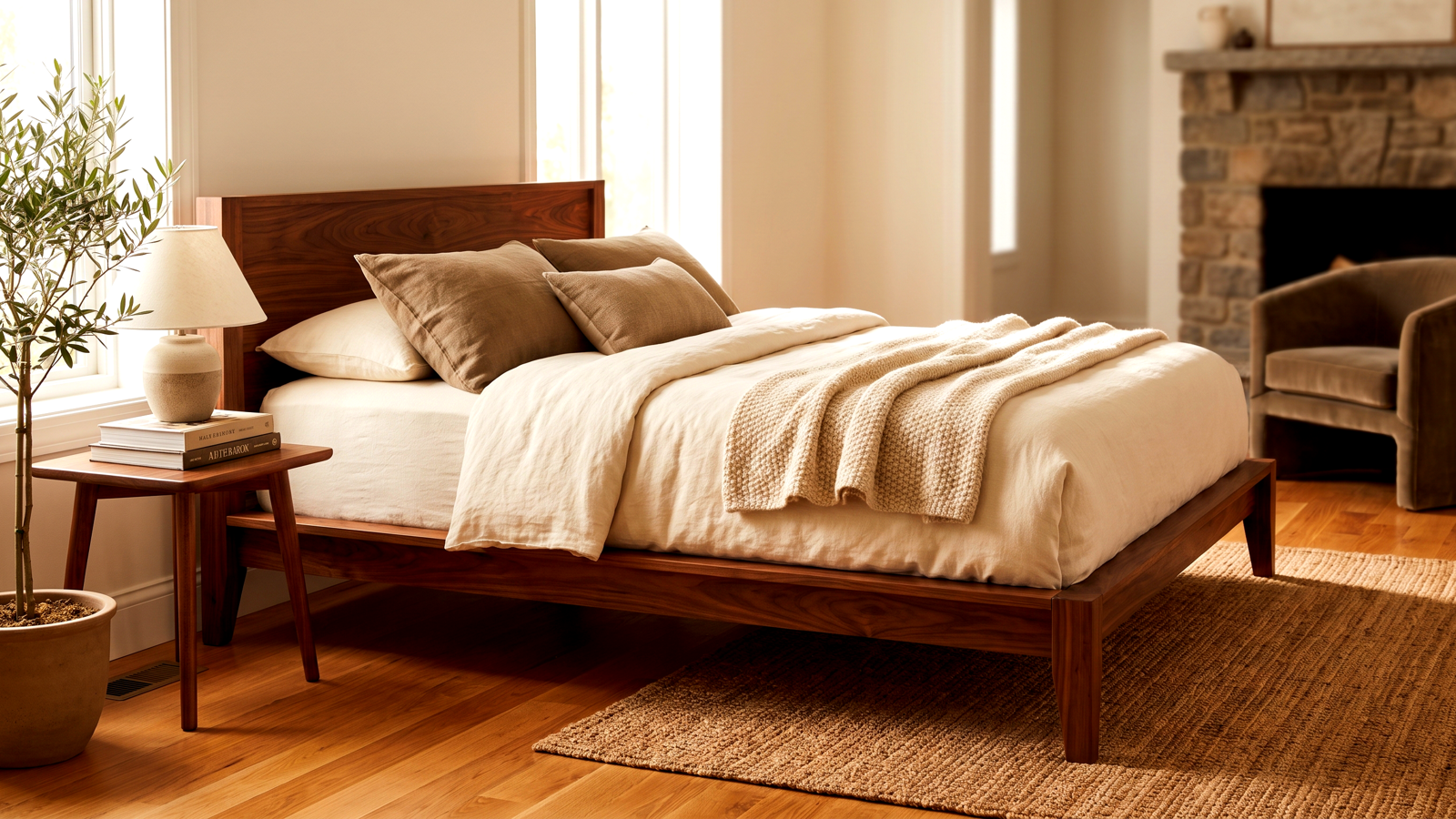 A handcrafted solid wood custom bed frame with a tall panel headboard and natural hardwood finish, built by Black Barrel Wood Co. in Innisfil Ontario.