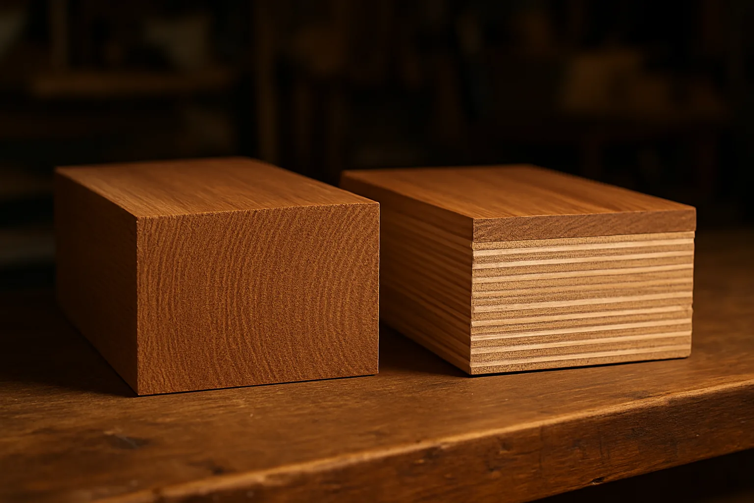 Side-by-side cross-section illustration comparing the dense grain of solid hardwood with the layered composite construction of engineered wood